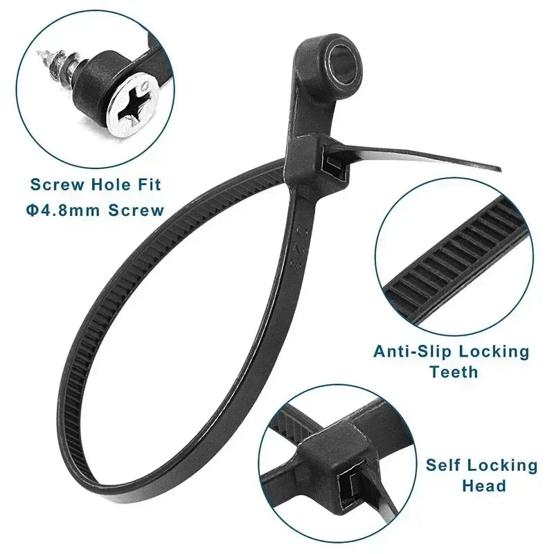 500/100PCS Nylon Cable Ties with Screw Mounting Hole Self Locking Loop Wraps Bundle Fixed Cables Zip Tie Wire Fastening Straps "Free worldwide shipping 🌎