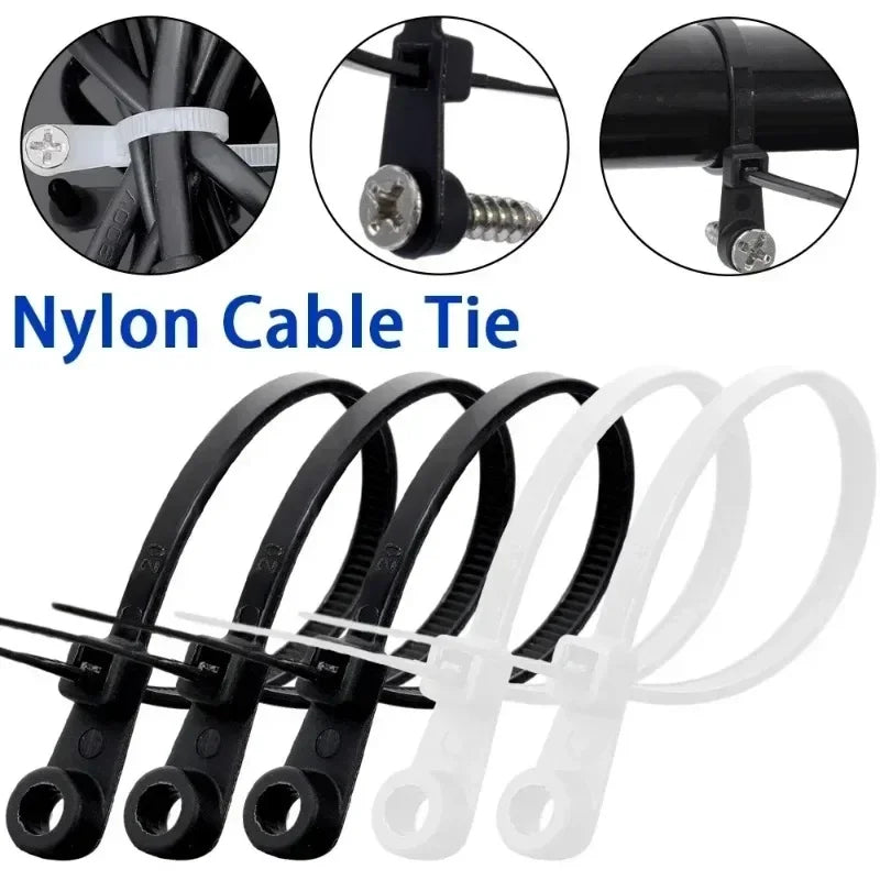 500/100PCS Nylon Cable Ties with Screw Mounting Hole Self Locking Loop Wraps Bundle Fixed Cables Zip Tie Wire Fastening Straps "Free worldwide shipping 🌎